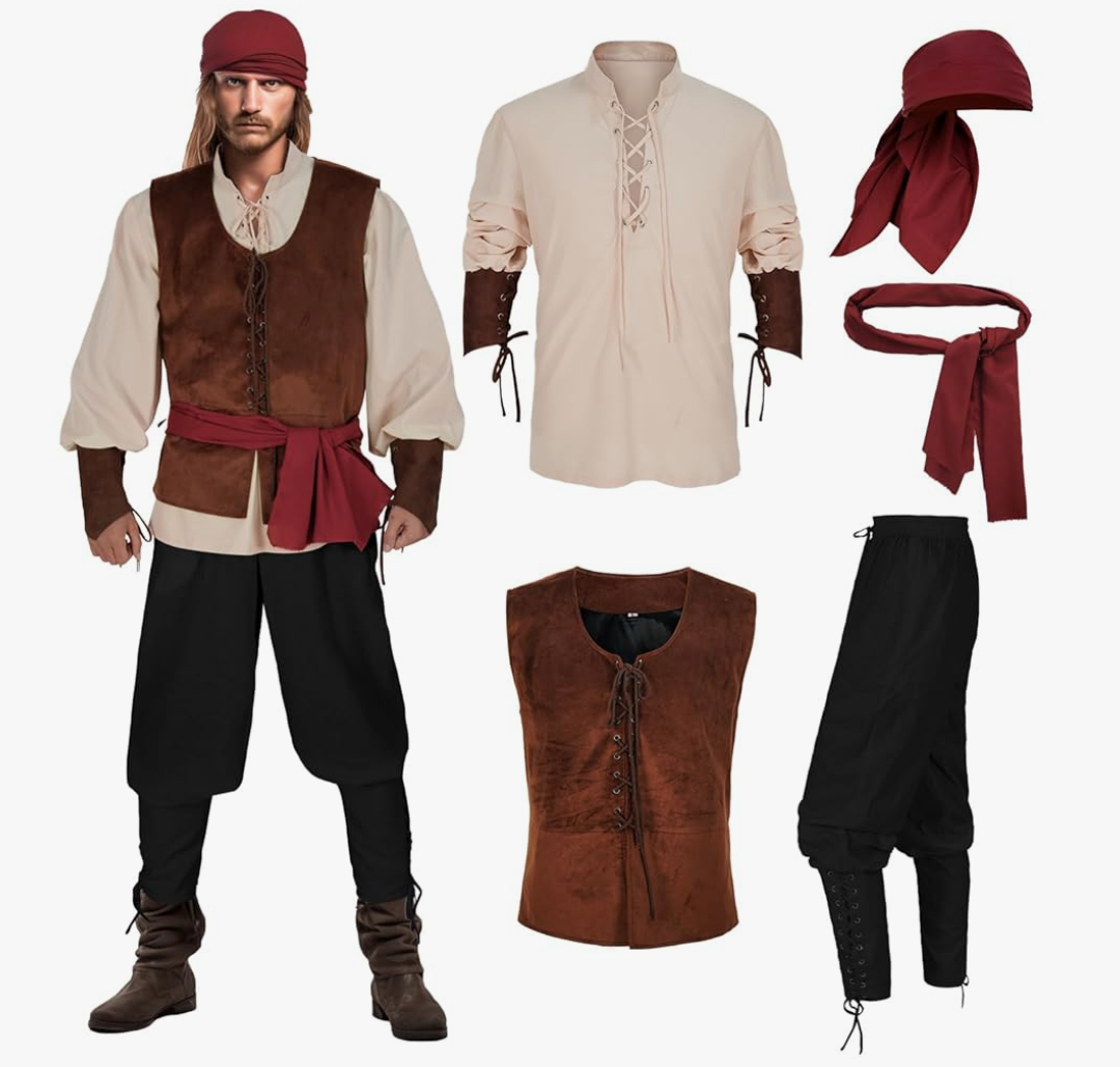 Men's Pirate Costume 5 Pcs Medieval Renaissance Outfits Halloween Viking Set, SIZE XL