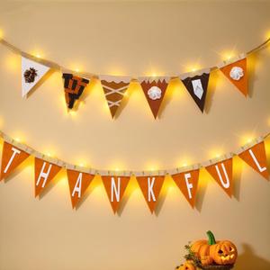 Thankful Banner Set 3D Felt Thanksgiving Garland with LED String Lights, Hanging Fall Decor for Home, Party, Mantel, Front Door, Window, Wall(Pumpkin Pie)