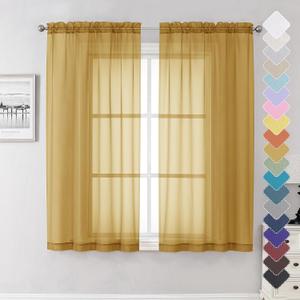 Lecloud Gold Sheer Curtains 63 Inch Length 2 Panels, Airy Light Filtering Voile Curtain Drapes for Bedroom Windows, Dual Rod Pocket Living Room Sheer Curtains Decor, 40 W x 63 L Inches, Gold