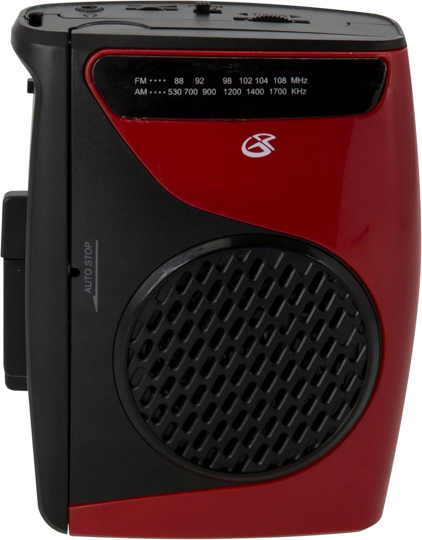 GPX Portable Cassette Player, Compatible With Headphone, 3.54 x 1.57 x 4.72 Inches, Requires 2 AA Batteries  Not Included, Red/Black (CAS337B) Black/Red