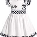 IBTOM CASTLE Baby Girl 1st 2nd Birthday Outfit Race Car Birthday Cake Smash Photoshoot Racer Dress Suit (White)