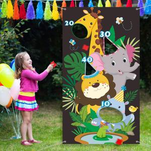 Blulu Jungle Animals Theme Party Supplies, Wild Animals Toss Banner with 3 Bean Bags, Giraffe Elephant Lion Zoo Baby Shower Birthday Party Decoration