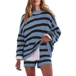 LAMISSCHE Womens Oversized Lounge Sets 2 Piece Outfits Striped Matching Pajama Set Long Sleeve Sweater Set (Small, Black&g Blue)