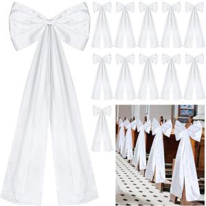 Large Wedding Pew Bows with Long Tails 12 x 29.5 Inch Wedding Aisle Decorations Bows Satin Ribbon Background Decor for Bridal Shower Reception Ceremony(White,12 Pcs)