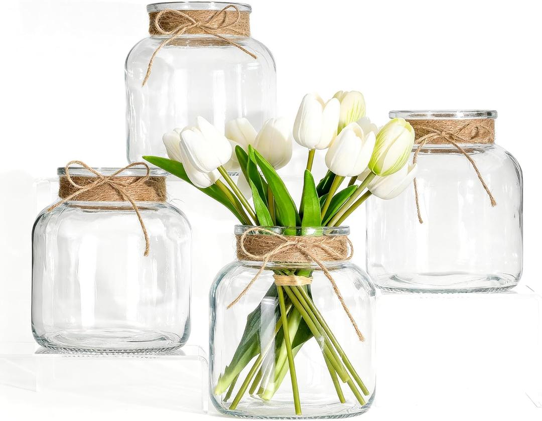 Houmury Glass Vases for Centerpieces Set of 4 Farmhouse 6 Inch Clear Large Vase Utensils Holder with Twine Ties Home Decor for Wedding Living Room Dining Table Office (4)
