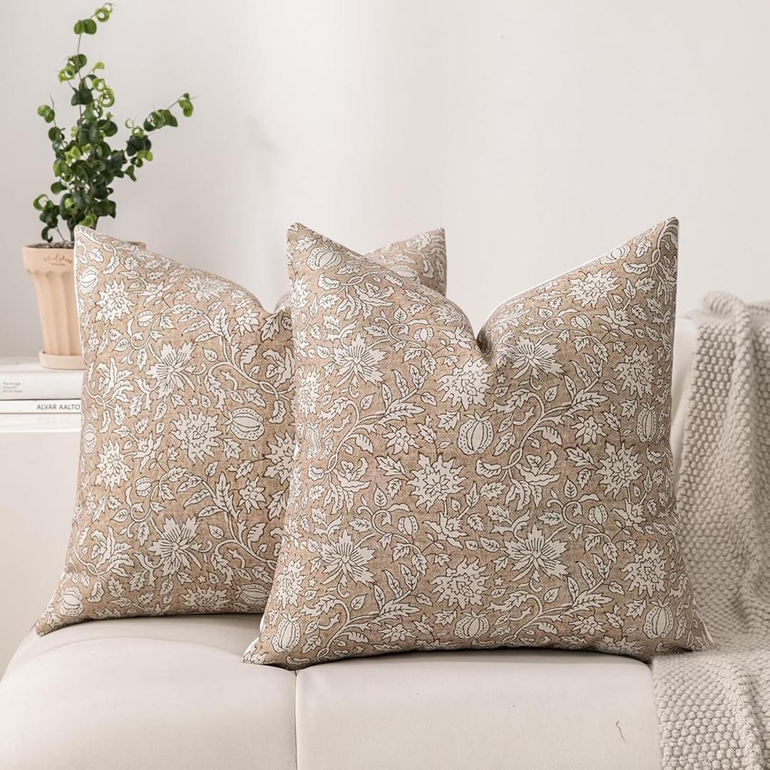 DWR Floral Throw Pillow Covers 20x20 Set of 2, Block Print Decorative Pillow Covers in Soft Taupe, Neutral Faux Linen Cotton Blend, Vintage Look for Couch, Sofa, Bed, Living Room