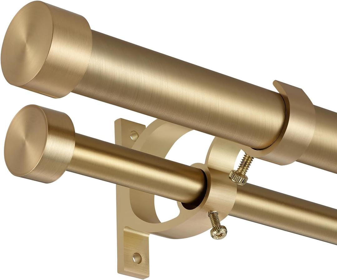 Lwiiom Double Blackout Curtain Rods 140 to 164 Inches (11.5-13.5 Feet),1-Inches Front and 5/9 Inches Back Adjustable End Cap Double Window Drapery Rod for Drapes and Curtains,Warm Gold