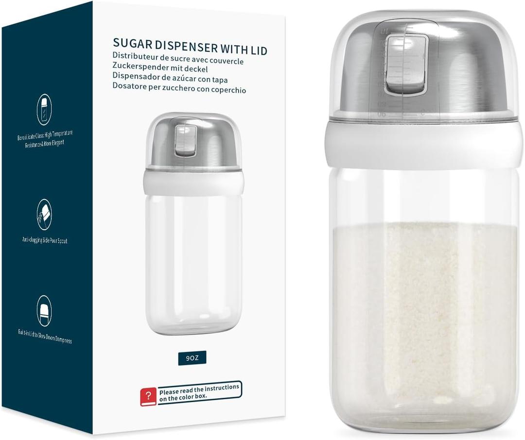 KITCHENDAO Glass Sugar Dispenser with Side Pour Spout, Built-in Lid to Slow Down Dampness with Mearsuring Marks, Elegant Borosilicate Glass Sugar Shaker, BPA Free, 9oz (White)