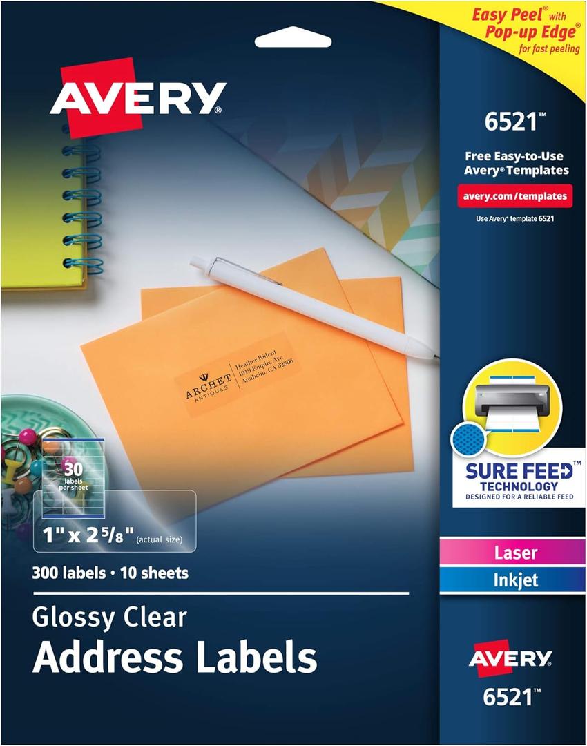 Avery Printable Address Labels with Sure Feed, 1" x 2-5/8", Glossy Clear, 300 Blank Mailing Labels for Laser and Inkjet Printers (6521)