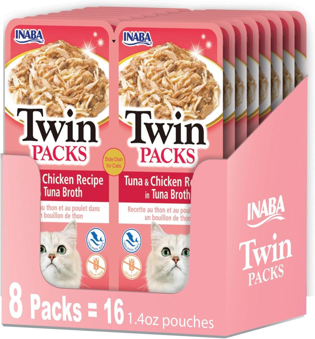 INABA Twin Packs for Cats, Side Dish/Topper Pouch, 1.4 Ounces per Serving, 16 Servings, Tuna & Chicken Recipe in Tuna Broth (EXP 07/04/26)