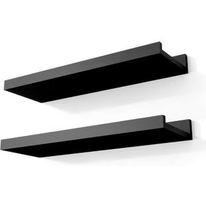 Black Floating Shelves for Wall Decor, Wall Mounted Wood Storage Shelf for Bedroom, Living Room, Bathroom, Kitchen, Nursery, Display Picture Ledge Shelf with Lip Set of 2-14 Inches, Black (13.6in)
