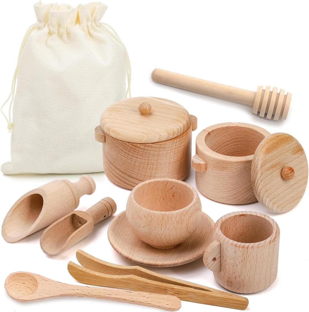 Hiceeden Set of 11 Wooden Sensory Bin Tools for Toddler and Kids, Sensory Scoops and Tongs Toys with Bag, Waldorf Montessori Toys for Fine Motor Skill Learning