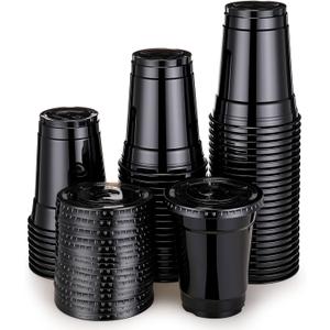 50 Set 12 oz Black Plastic Cups with Lids, Disposable Black Clear Iced Coffee Cup with Lid for Cold Drinks Coffee Shops Soda Bar Party Shop Supplies (Dia. 89mm)