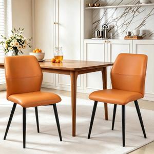 Leather Dining Chairs Set of 2, Orange Upholstered Kitchen Chairs, 15 x 14 x 18 inches