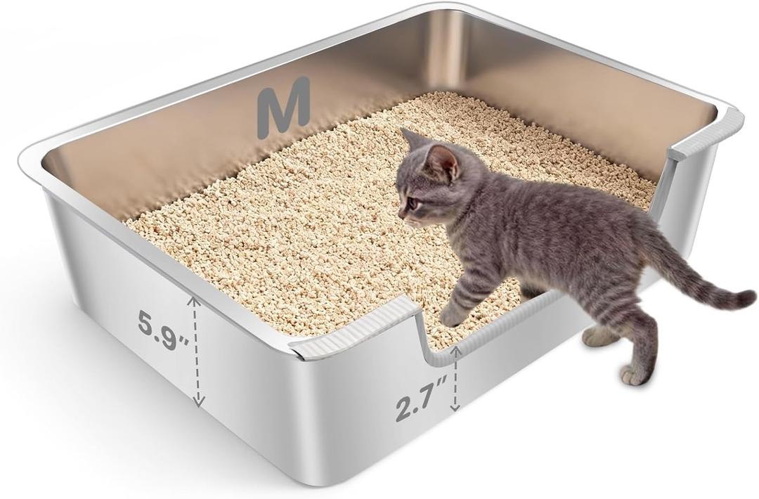 Low Entry Litter Box for Senior or Disabled & Injured Cats, Stainless Steel High Sided Enclosed Easy Step in Entry-Metal Kitty Litter Box for Kittens, Odor Control (17.7"x13.8"x5.9")