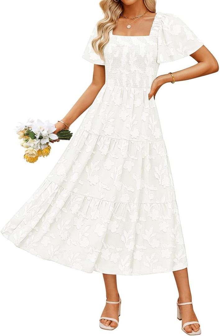 ZESICA Womens Summer Boho Floral Midi Dress 2026 Casual Short Sleeve Square Neck Flowy Beach Vacation Long Dress (Medium, White)