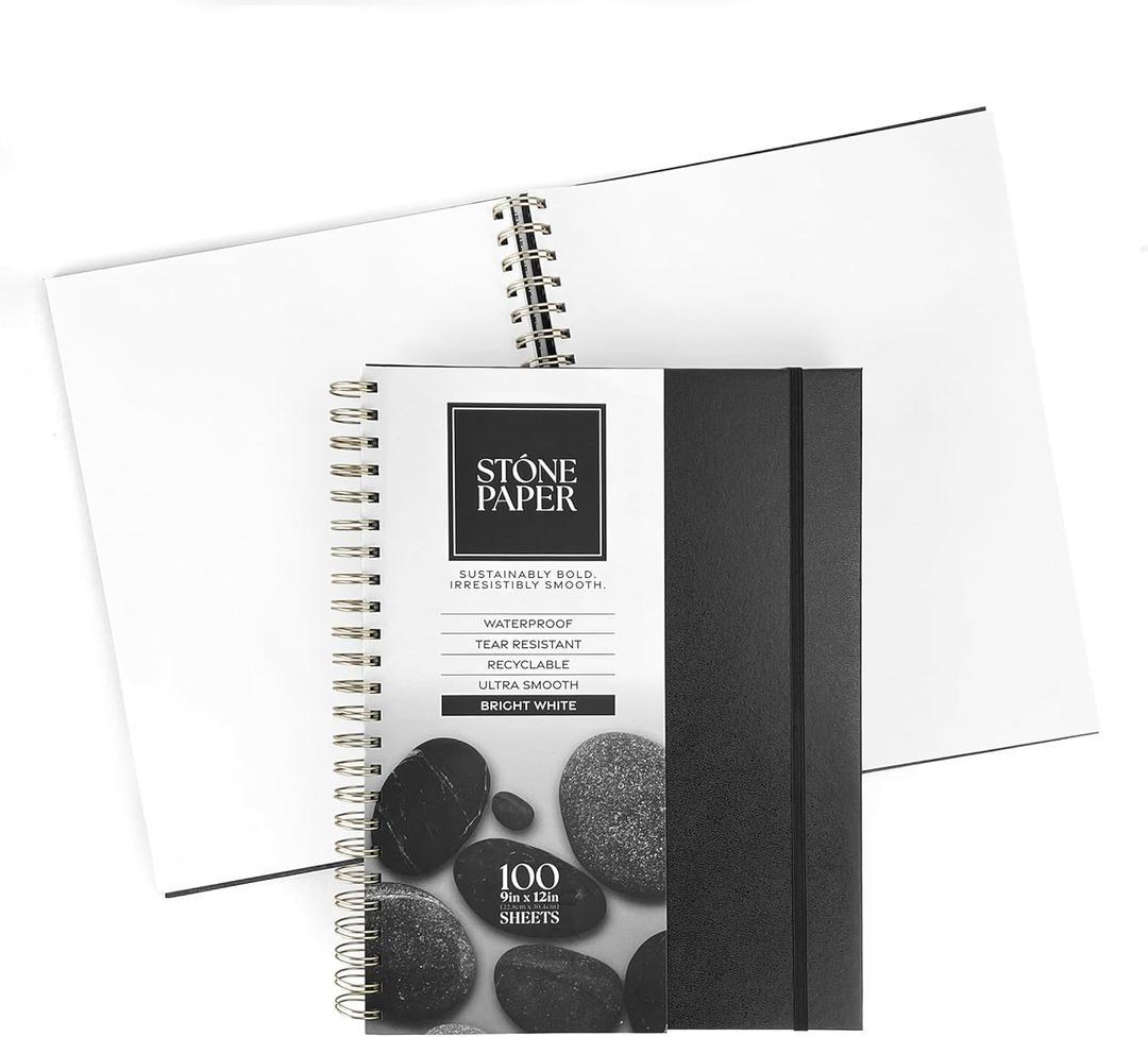 ArtSkills Stone Paper Sketchbook, Spiral Bound Stone Paper Notebook No Lines, 9x12 Waterproof Journal, Aesthetic Sketchbook Blank Pages for School, Work, Drawing, Sketching - Black, 100 Sheets