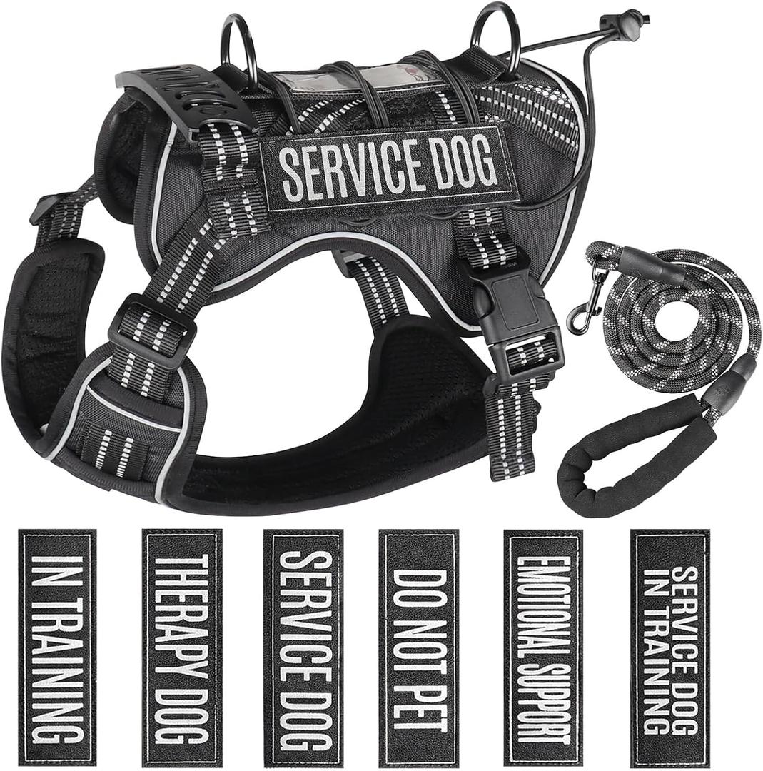 Service Dog Tactical Vest Harness and Leash Set Large Sized Dog Emotional Support- Tactical Dog Harness Training Collar with Name (Black, L)