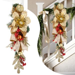 UUXX Pink Christmas Swag with Glitter Poinsettia, Silver Leaves, Pinecones, Ornaments and Ribbon Bow – 25.5" Christmas Teardrop Swag Artificial Wall Door Hanging Holiday Decoration