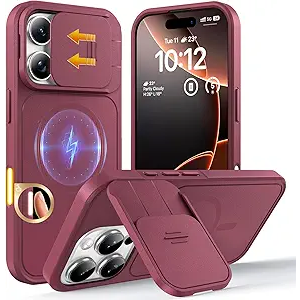 TOCOL for iPhone 16 Pro Max Case with Slide Camera Cover, Kickstand and Camera Control Button, Fit for MagSafe, Rugged Solid Phone Case, NonSlip, Drop Protection, Wine