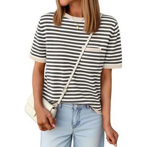 Aprolive Short Sleeve Sweater for Women Striped Knit Pullover Top with Chest Pocket Loose Fit T Shirt for Summer Business Casual Work(1-Apricot Grey, Medium)