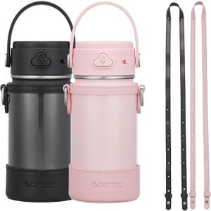 2 Pack Kids Water Bottle with Straw, 14oz Insulated Stainless Steel Tumbler, Leak-Proof Locking Lid for School, Lunchbox, Outdoor Sports,Case with Shoulder Strap (2 Pack, Black+Pink)
