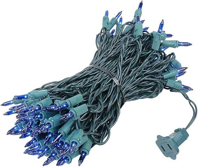 Novelty Lights 50 Feet 100 Bulbs Traditional Incandescent Mini Lights, Blue on Green Wire with 6" Spacing, Commercial Grade and UL Listed for Indoor/Outdoor Use, End-to-End Connectable