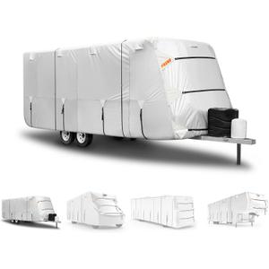 FRUNO Oxford Fabric Travel Trailer Cover RV Cover 16'-18' Waterproof Rip-Resistant Anti-UV Camper Cover for Winter Snow with Jack Cover 4 Tire Covers and Gutter Covers