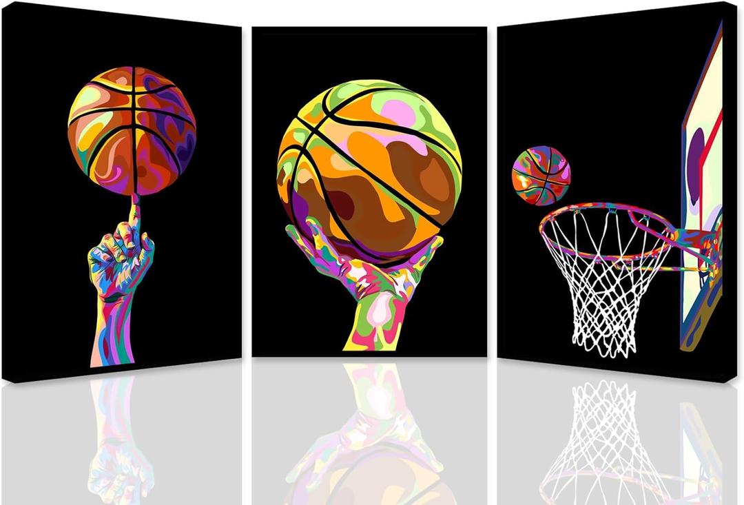 TBKHUDBI Basketball Canvas Wall Art Sports Colorful Posters Prints Set of 3 Teen Boys Room Decor Player Men Ball Pictures Painting Basketball Room Decor for Playroom Bedroom Gaming Room 16x24 Unframed