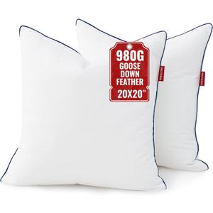 Feather Down 20x20 Pillow Insert Set of 2 with 100% Down-Proof Cotton Cover, Soft Fluffy Decorative Pillow for Sofa Bed Couch Living Room White