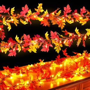 Thanksgiving Decorations Fall Garland with Lights 9Ft Plug in Lighted Thanksgiving Garland with 50 Incandescent Bulbs Fall Decor Lights for Outdoor Indoor Home Party Autumn Fall Harvest Decor(3Packs)