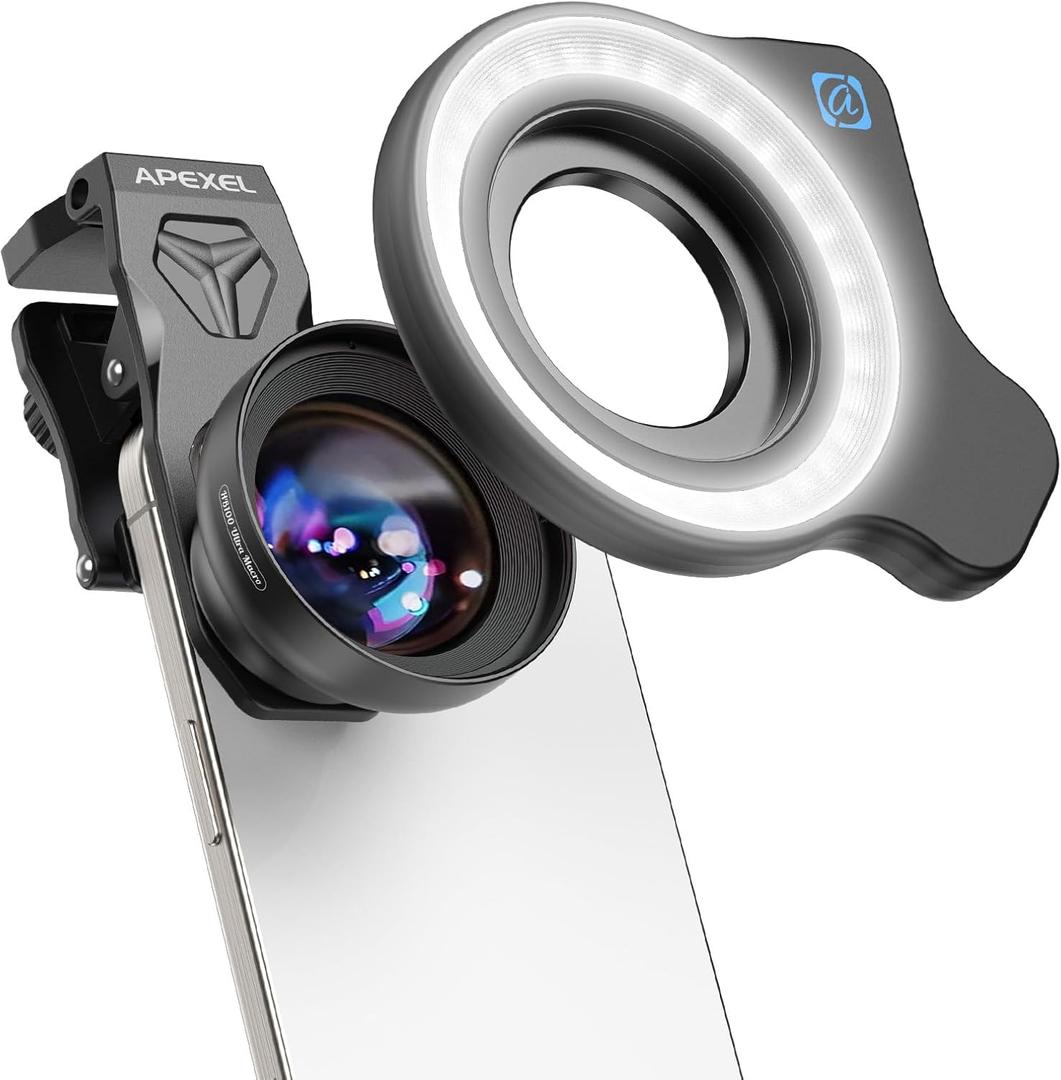 Upgraded Professional Macro Lens for Smartphone with Ring Light, HB100U Macro Photography Lens, Aluminum Phone Camera Lens Kit with Universal Clip. Phone Lens Attachment Fit for iPhone/Android Phone
