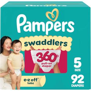 Pampers Diapers - Swaddlers 360° - Size 5, 92 Count, up to 100% Leakproof Comfy Dry Fit, Designed for Easy Changes, Pull On Baby Diaper