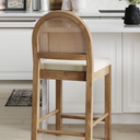 Nathan James Bailey Boucle Upholstered Rattan Bar Stool, Counter Height Stool with Natural Rattan Woven Back For Kitchen Island, Light Brown, Count of 1