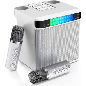 Karaoke Machine for Adults and Kids, FULLIFE Portable Bluetooth PA Speaker System with 2 UHF Wireless Microphones, Karaoke Speaker with Echo, Supports TF/USB, AUX in, for Home Party (YS223-White)