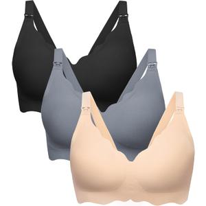 Angelhood Nursing Bras for Breastfeeding Ultra Comfort Seamless Maternity Bra Pack Wireless Pregnancy Bralette Bra Extender (Large, Black/Blue/Nude)