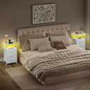 Vagusicc Night stand Set 2 with Charging Station, LED Nightstand for Bedroom, White Bedside Table with 3 Fabric Drawer, End Table Side Table with USB Ports & Outlets, Bed Side Table for Bedroom, White
