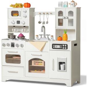 Wooden Play Kitchen for Toddlers and Kids with Lights & Sounds, Large Interactive Pretend Play Set with Ice Maker, Stove, Sink, Oven, 12 Accessories - Ages 3-8, 15 inches x 8 inches x 38 inches