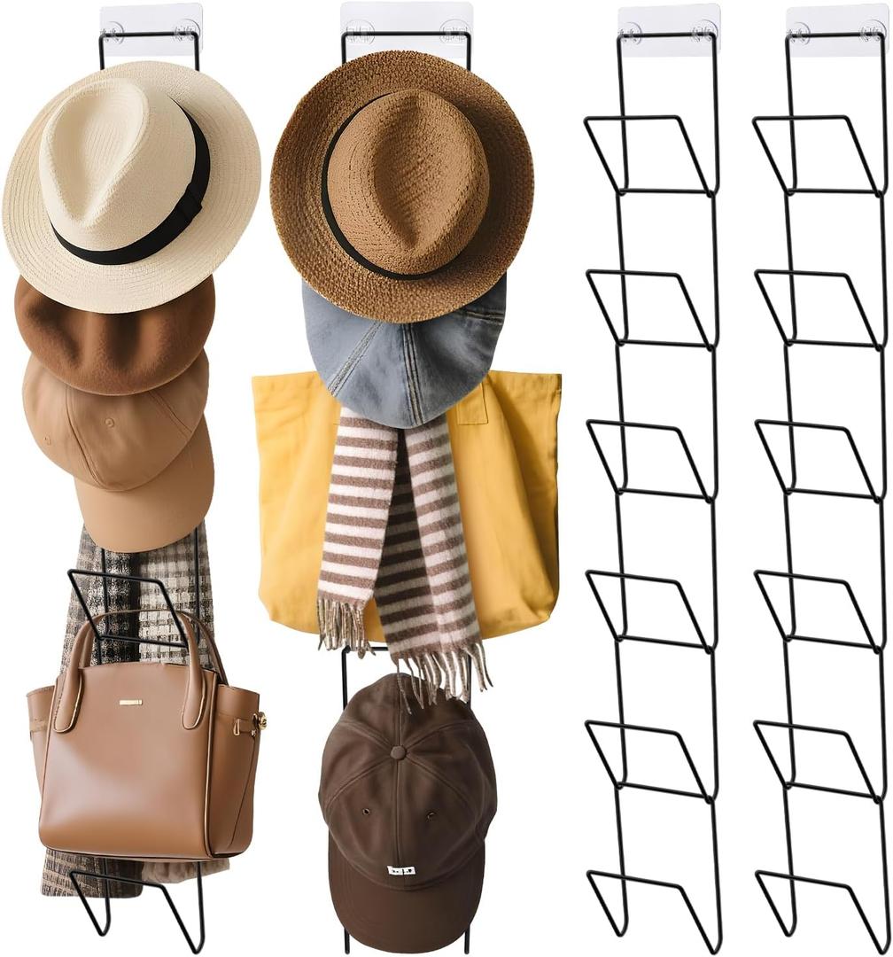 12 Pack Hat Organizer with 2 Hooks, Wig Holder for Multiple Wigs, Cowboy Hat Rack for Wall, Door, Closet (Black)