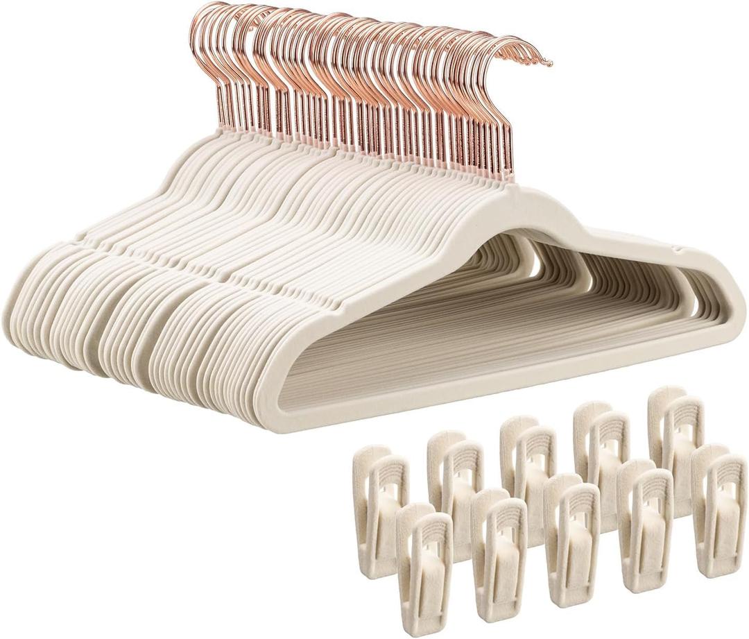 Tonswachic Kids Velvet Hangers 30 Pack, 14 Inch Non-Slip Felt Kid Hanger for Toddler/Youth/Teen, Slim Space Saving Child Hanger for Baby Closet, Heavy Duty Children's Hangers with 10 Clips - Beige