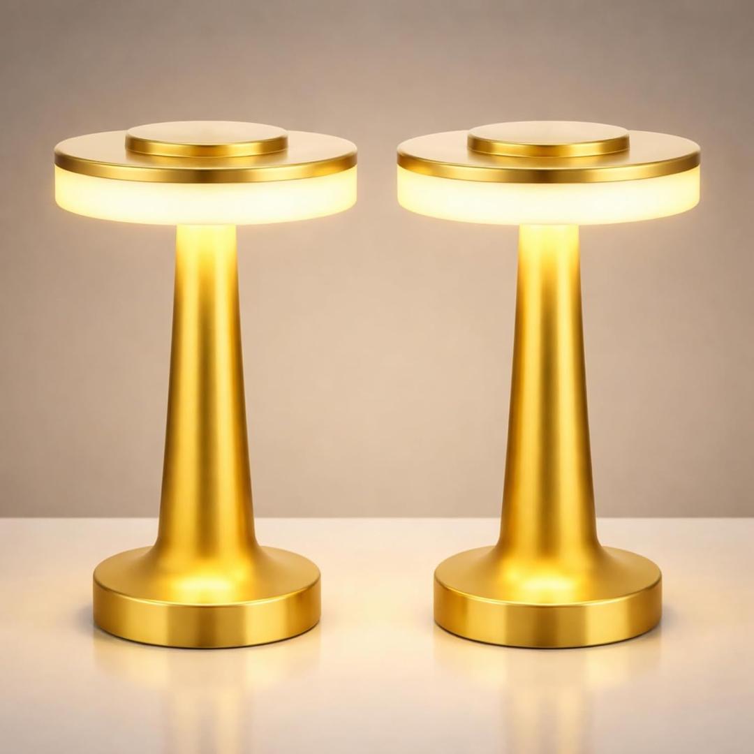 Riakrum 2 Pcs LED Portable Cordless Table Lamp with Touch Sensor 3 Color Stepless Dimming Rechargeable Battery up to 15 Hours Cordless Table Light Wireless Lamp for Nursery (Gold,Modern)