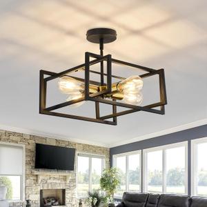 ZGLAOJT 4-Lights Close to Ceiling Light Black and Gold Light Fixture Industrial Flush Mount Ceiling Light Farmhouse Chandelier Lighting for Kitchen Island Dining Room Bedroom Foyer Hallway.