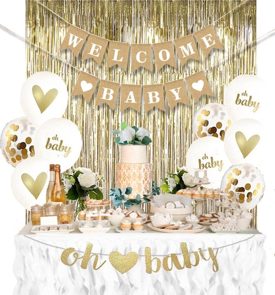 Gold Baby Shower Decorations Set for Girl or Boy Kit, Rustic Welcome Baby Banner in Burlap, 2 Gold Metallic Curtains, Balloons and Table Banner
