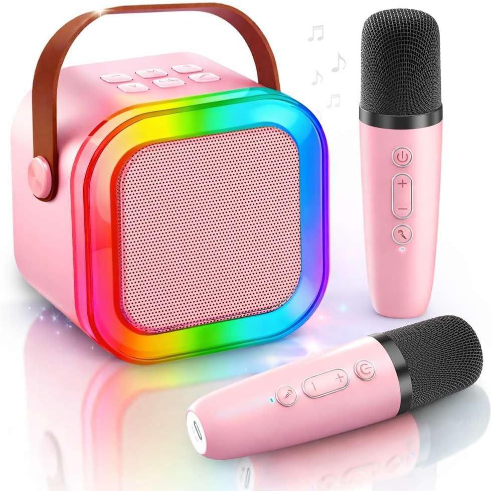 Stargo - Karaoke Machine for Kids, Portable Mini Bluetooth Microphone Speaker with 2 Wireless Microphones, Voice Changer, LED Lights for Boys & Girls Home Party Birthday Gifts for Teen Girls & Kids (Pink, Pink)