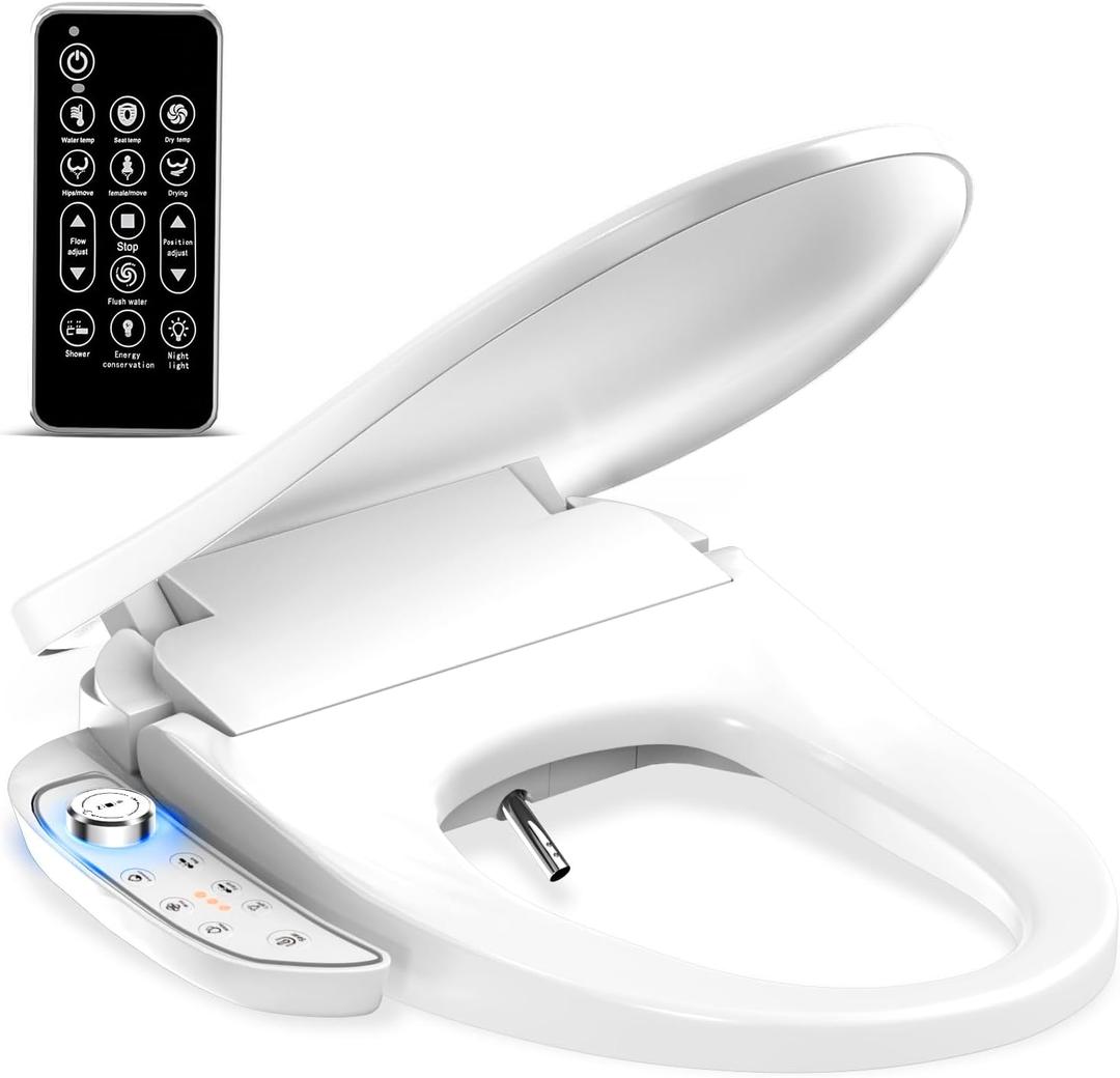 Bidet Toilet Seat - Heated & Elongated Design with Warm Water Wash, Wireless Remote, and Self-Cleaning Nozzle | Includes Soft-Closing Lid, LED Nightlight & Air Dryer