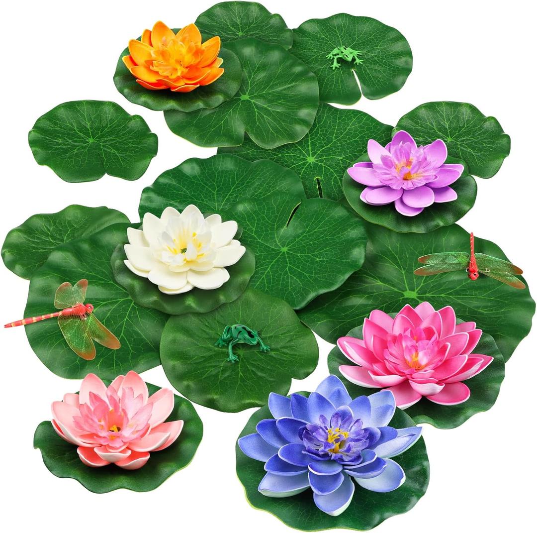 22 Pack Artificial Floating Foam Lotus Flowers with Artificial Frog Lotus Leaves, Lily Pads for Lake, Pond Plants Ornaments for Pool Water Decoration, Colorful, 4.5"D x 1.3"W x 6.5"H