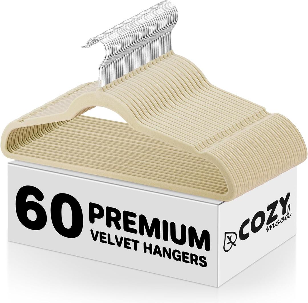 Cozymood Beige Velvet Hangers 60 Pack, Non-Slip, Durable Clothes, Space Saving Suit Hangers, No Shed, 360 Rotating Hook