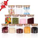 Glass Jars Set,Upgrade Spice Jars with Wood Airtight Lids and Labels, 6oz 12 Piece Small Food Storage Containers for Home Kitchen, Tea, Herbs, Sugar, Salt, Coffee, Flour, Herbs, Grains