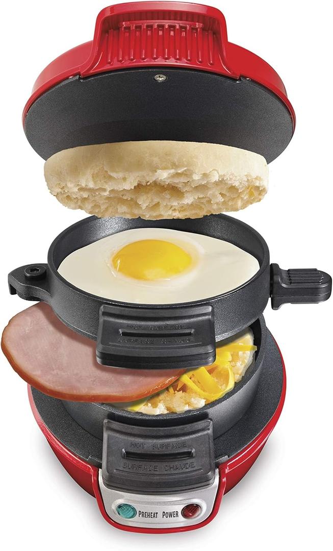 Hamilton Beach Breakfast Sandwich Maker with Egg Cooker Ring, Customize Ingredients, Perfect for English Muffins, Croissants, Mini Waffles, Perfect White Elephant Gifts, Red (25476) (Single)