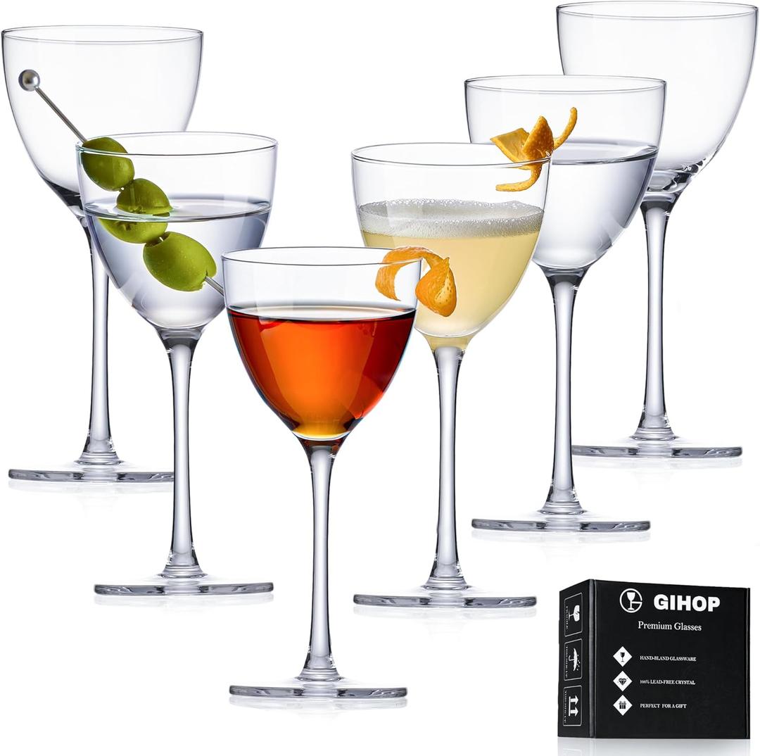 GIHOP Nick and Nora Cocktail Glasses, 5.8Oz Hand Blown Martini Glasses Set of 6, 100% Lead-Free Craystal Coupe Glassware, Small Cocktail Glasses for Manhattan, Cosmopolitan, Espresso with Gift Box